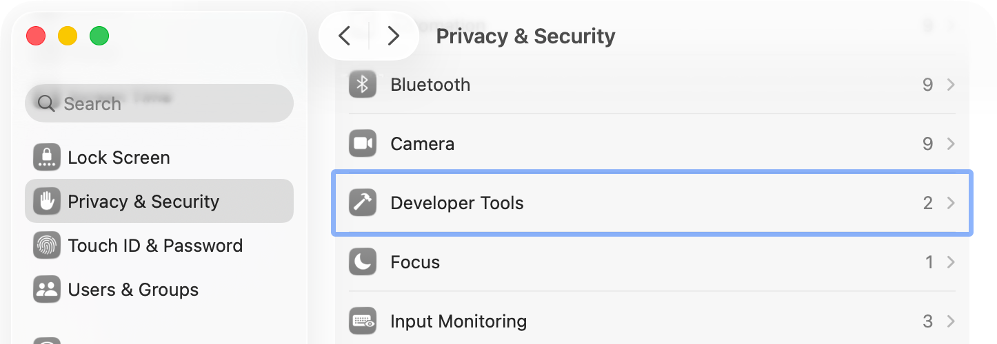 Screenshot of macOS System Settings showing the Privacy & Security pane