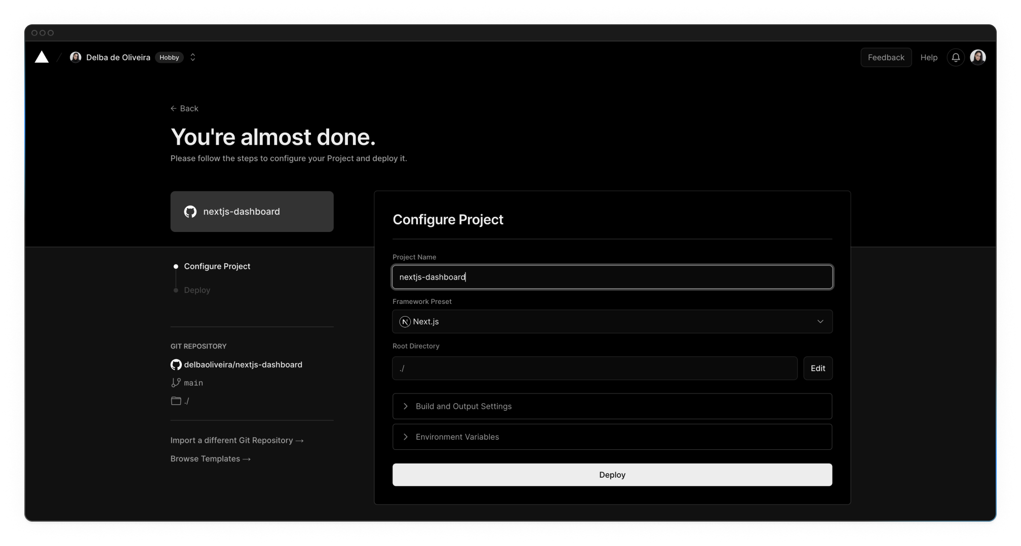 Deployment screen showing the project name field and a deploy button