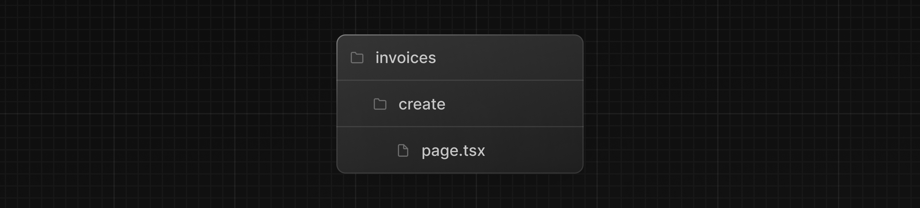 包含嵌套 create 文件夹的 Invoices 文件夹，其中有一个 page.tsx 文件