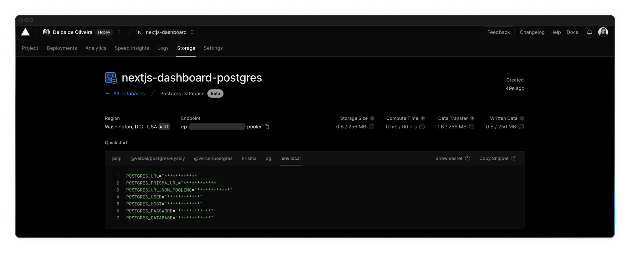 The .env.local tab showing the hidden database secrets
