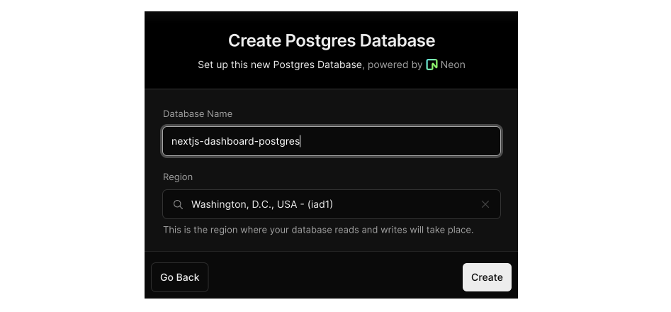 Database creation modal showing the database name and region