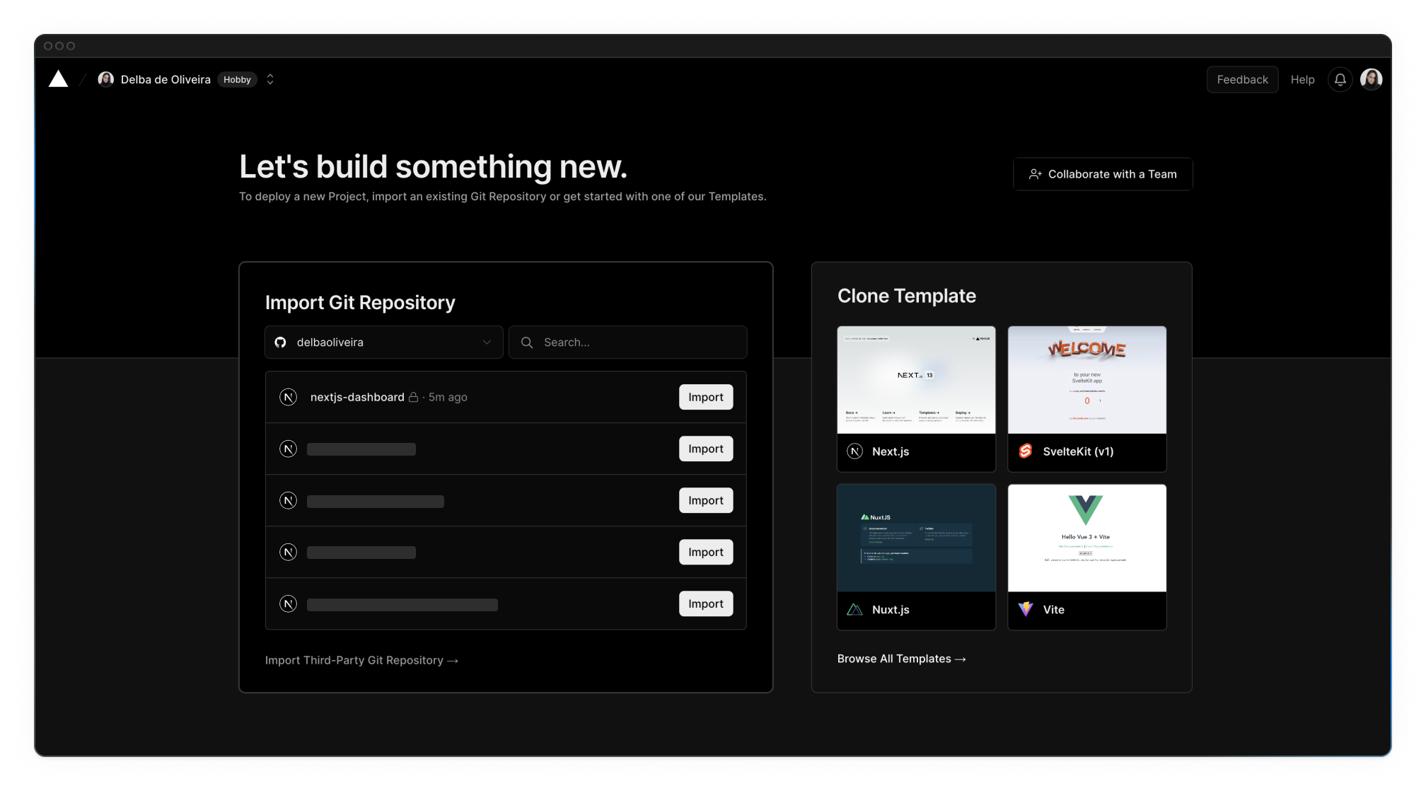 Screenshot of Vercel Dashboard, showing the import project screen with a list of the user's GitHub Repositories
