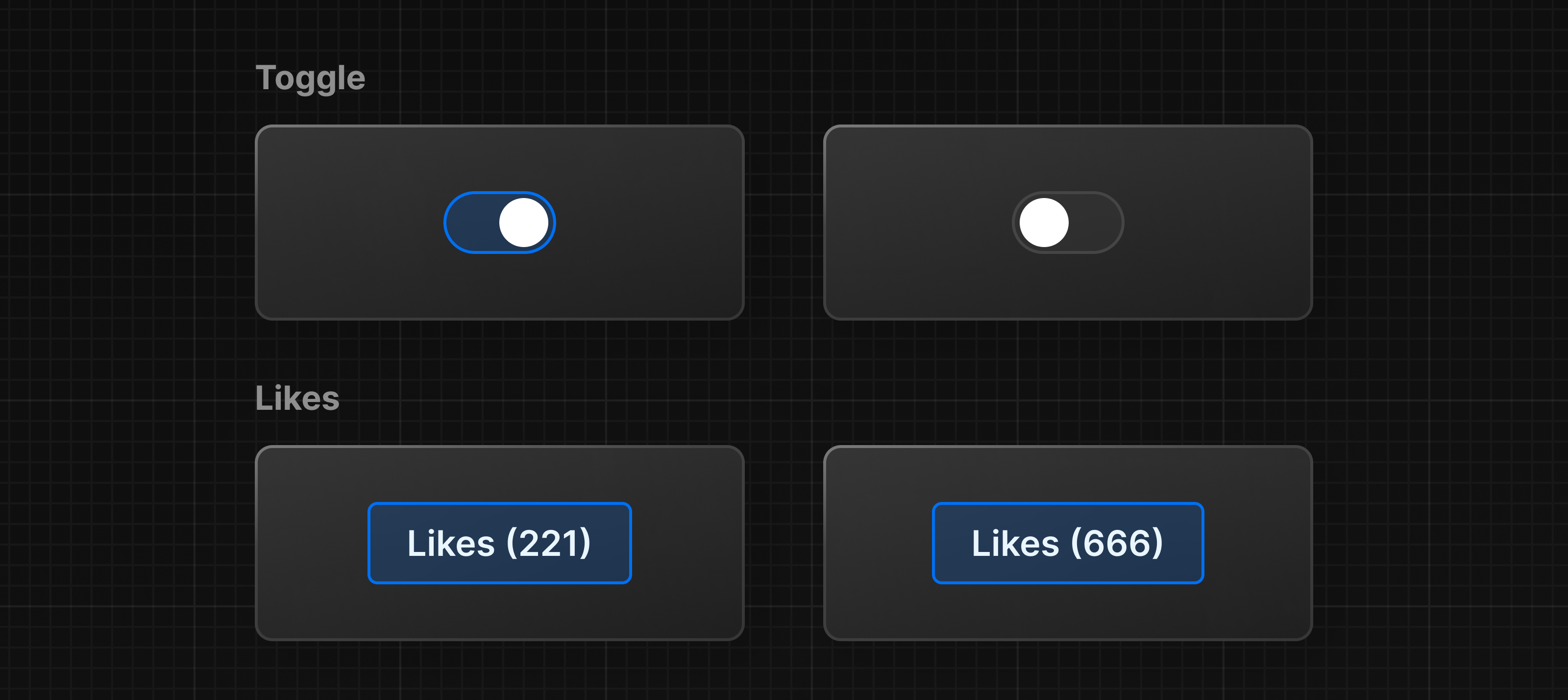 Two different examples of state: 1. A toggle button that can be selected or unselected. 2. A like button that can be clicked multiple times.
