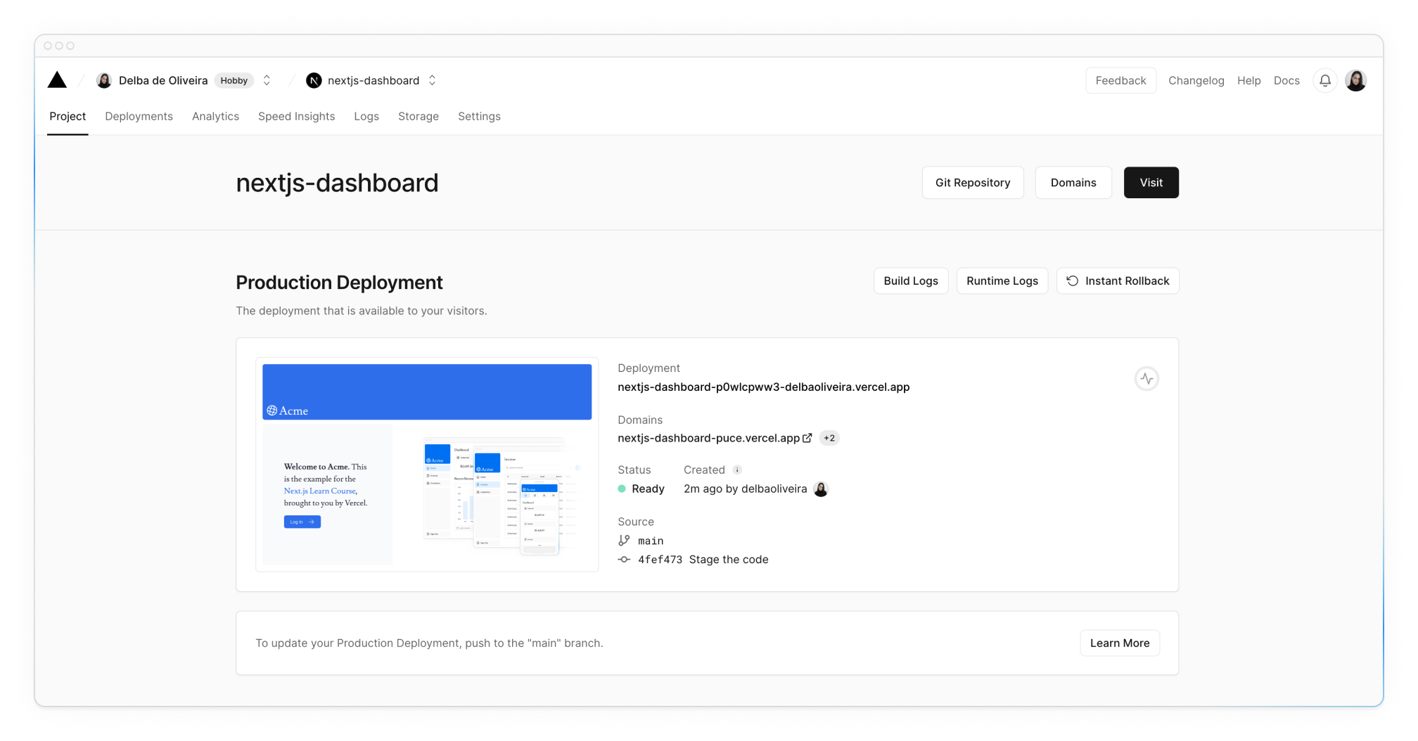 Project overview screen showing the project name, domain, and deployment status