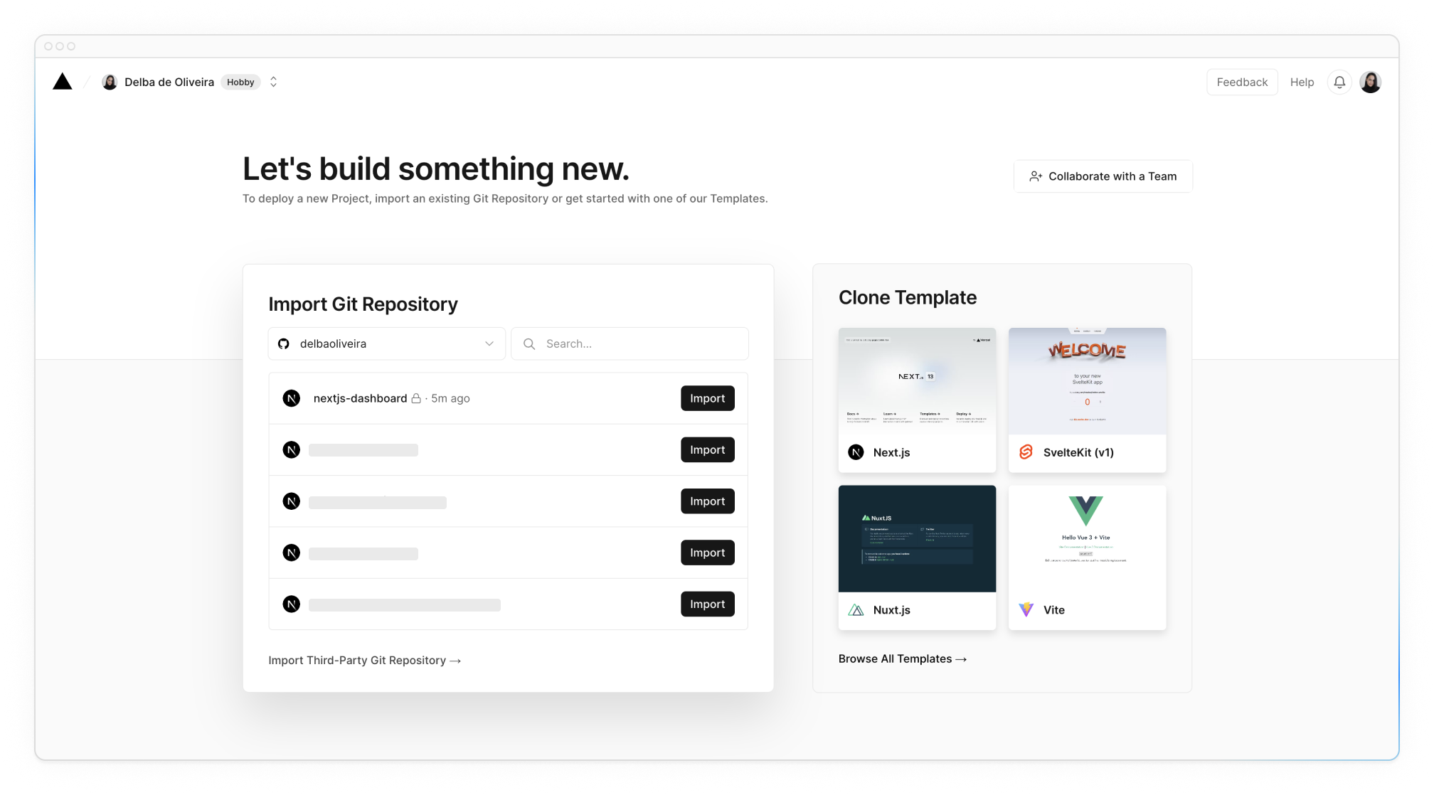 Screenshot of Vercel Dashboard, showing the import project screen with a list of the user's GitHub Repositories