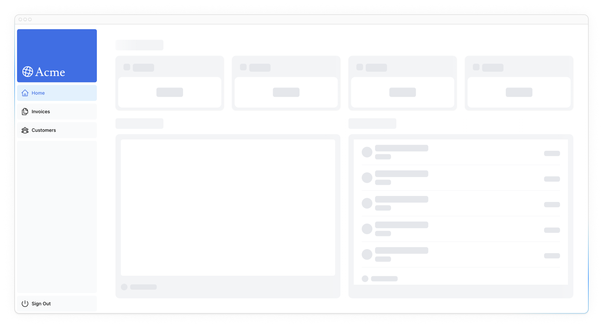 Dashboard page with loading skeletons