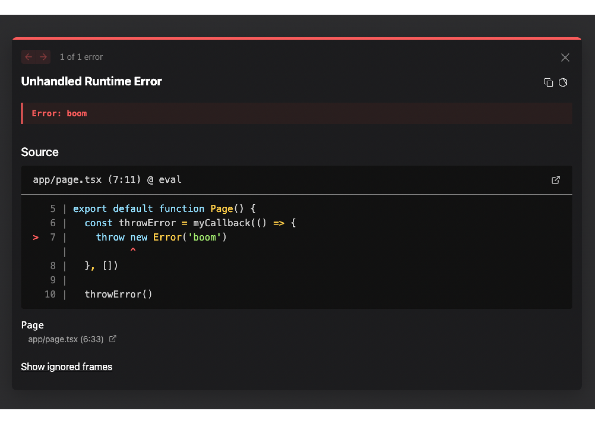 An example of the Next.js error overlay after version 15.1