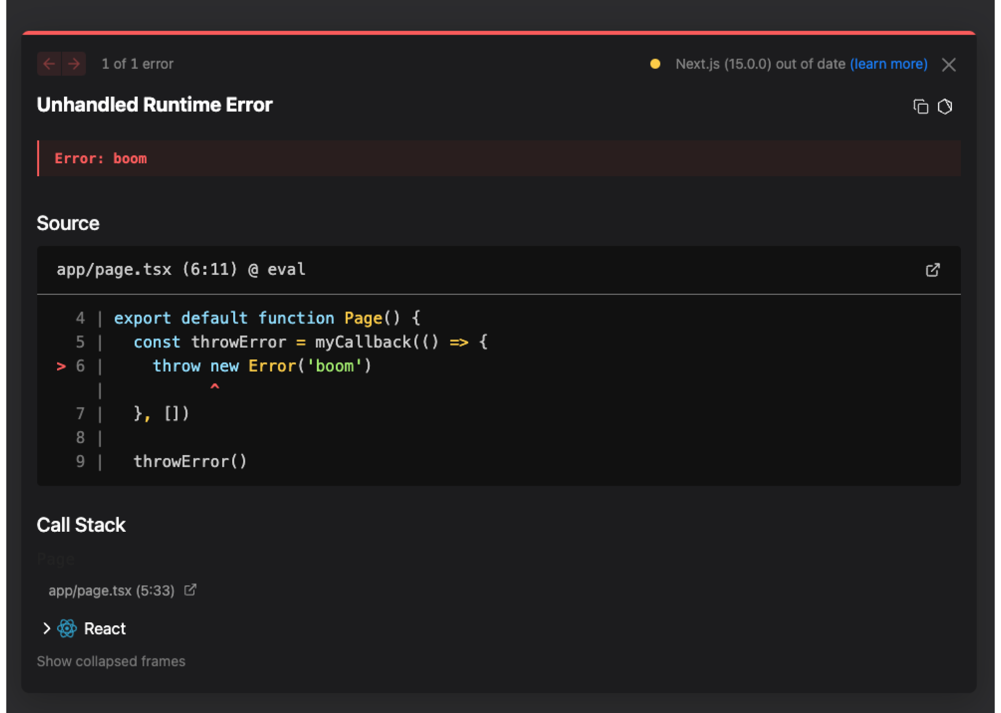 An example of the Next.js error overlay before version 15.1