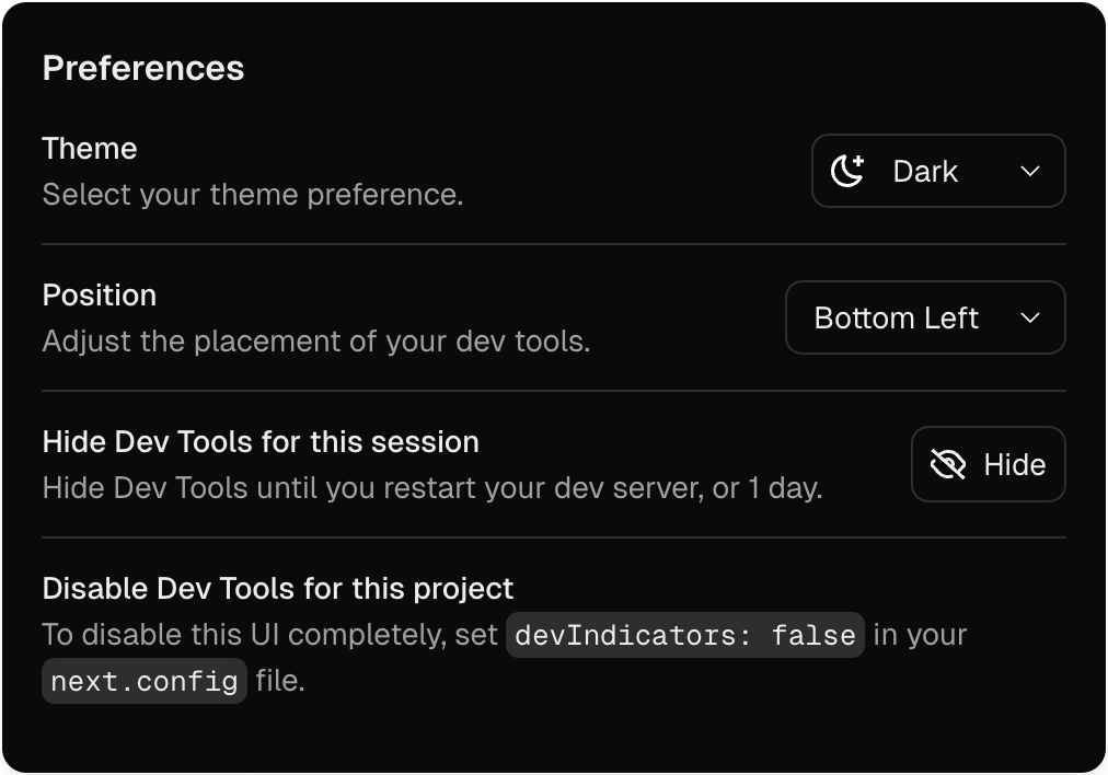An example of the Next.js dev tools preferences